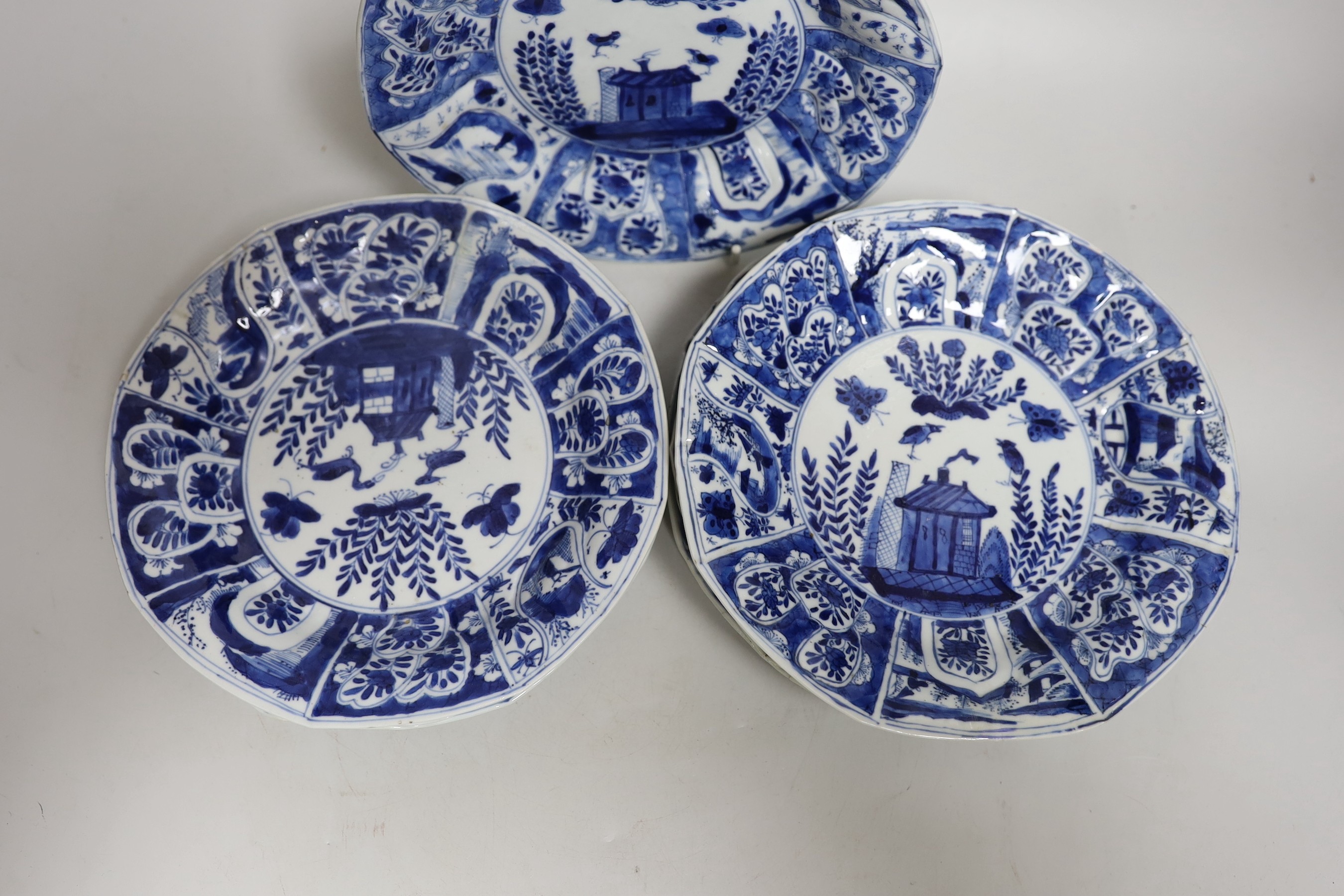 Eight Chinese blue and white octagonal plates, Kangxi period, 20.3 cm wide